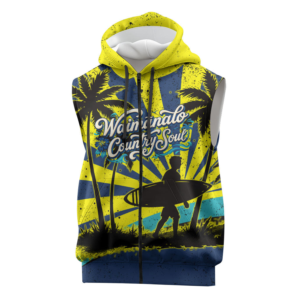 Waimanalo Oahu Hawaii Surfing Sleeveless Zip Hoodie Tropical Beach Retro Sunburst Surfboard TS04 Yellow Blue - Polynesian Pride