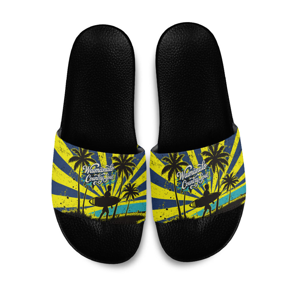 Waimanalo Oahu Hawaii Surfing Slide Sandals Tropical Beach Retro Sunburst Surfboard TS04 Yellow Blue - Polynesian Pride