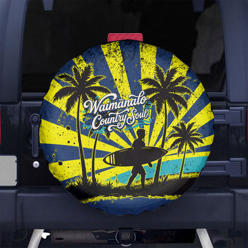 Waimanalo Oahu Hawaii Surfing Spare Tire Cover Tropical Beach Retro Sunburst Surfboard TS04 No hole Yellow Blue - Polynesian Pride