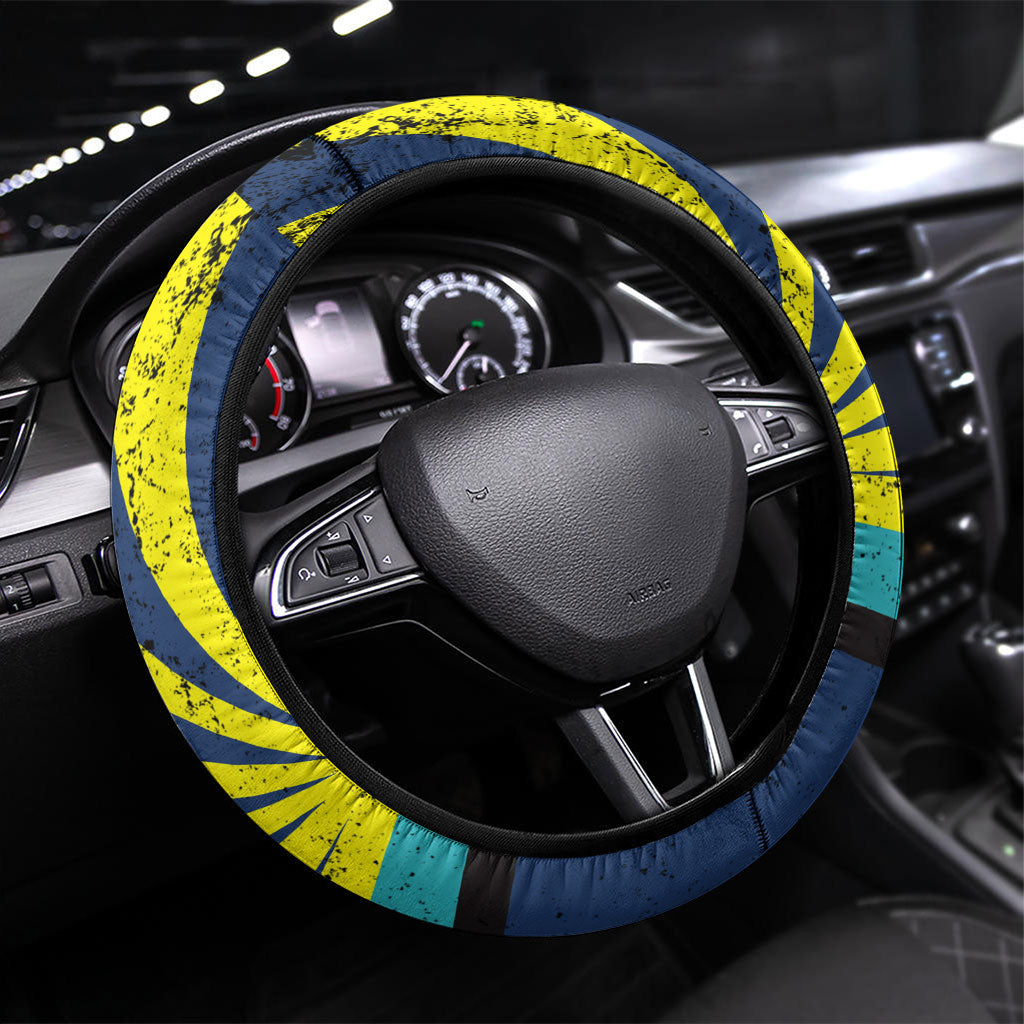 Waimanalo Oahu Hawaii Surfing Steering Wheel Cover Tropical Beach Retro Sunburst Surfboard TS04 Universal Fit Yellow Blue - Polynesian Pride
