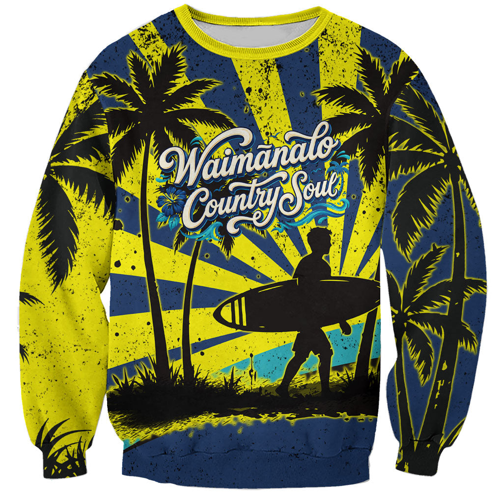 Waimanalo Oahu Hawaii Surfing Sweatshirt Tropical Beach Retro Sunburst Surfboard TS04 Unisex Yellow Blue - Polynesian Pride