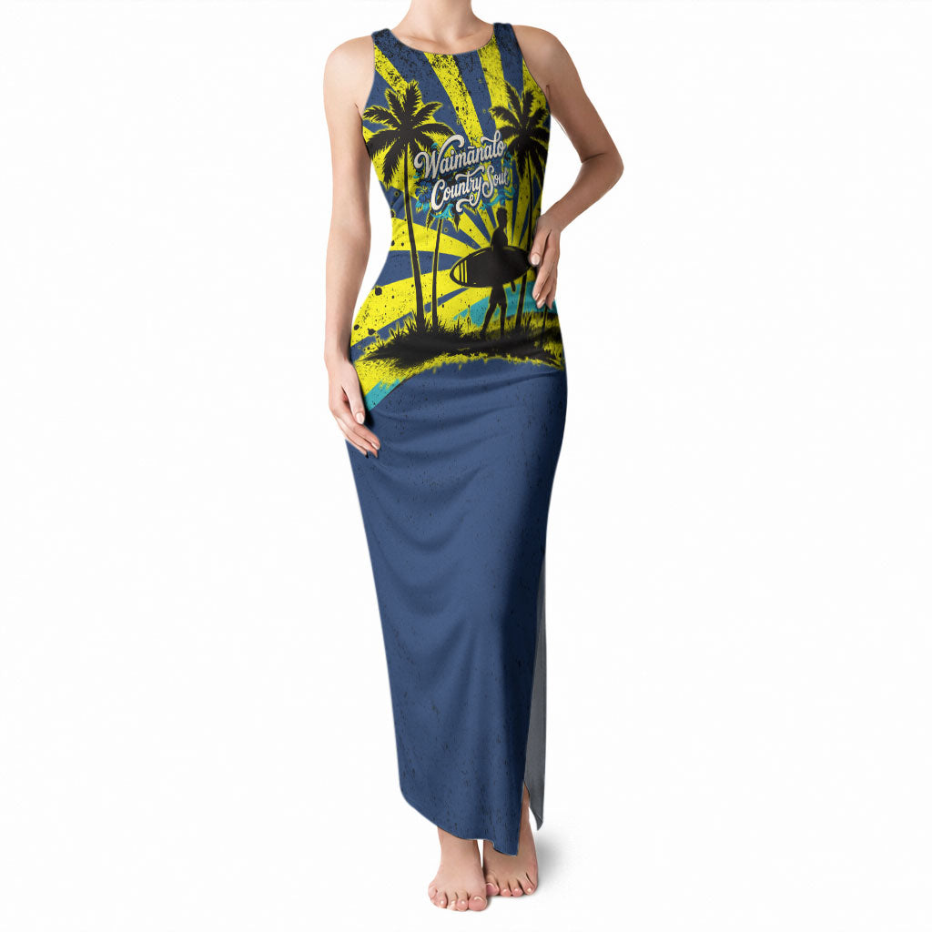 Waimanalo Oahu Hawaii Surfing Tank Maxi Dress Tropical Beach Retro Sunburst Surfboard TS04 Women Yellow Blue - Polynesian Pride