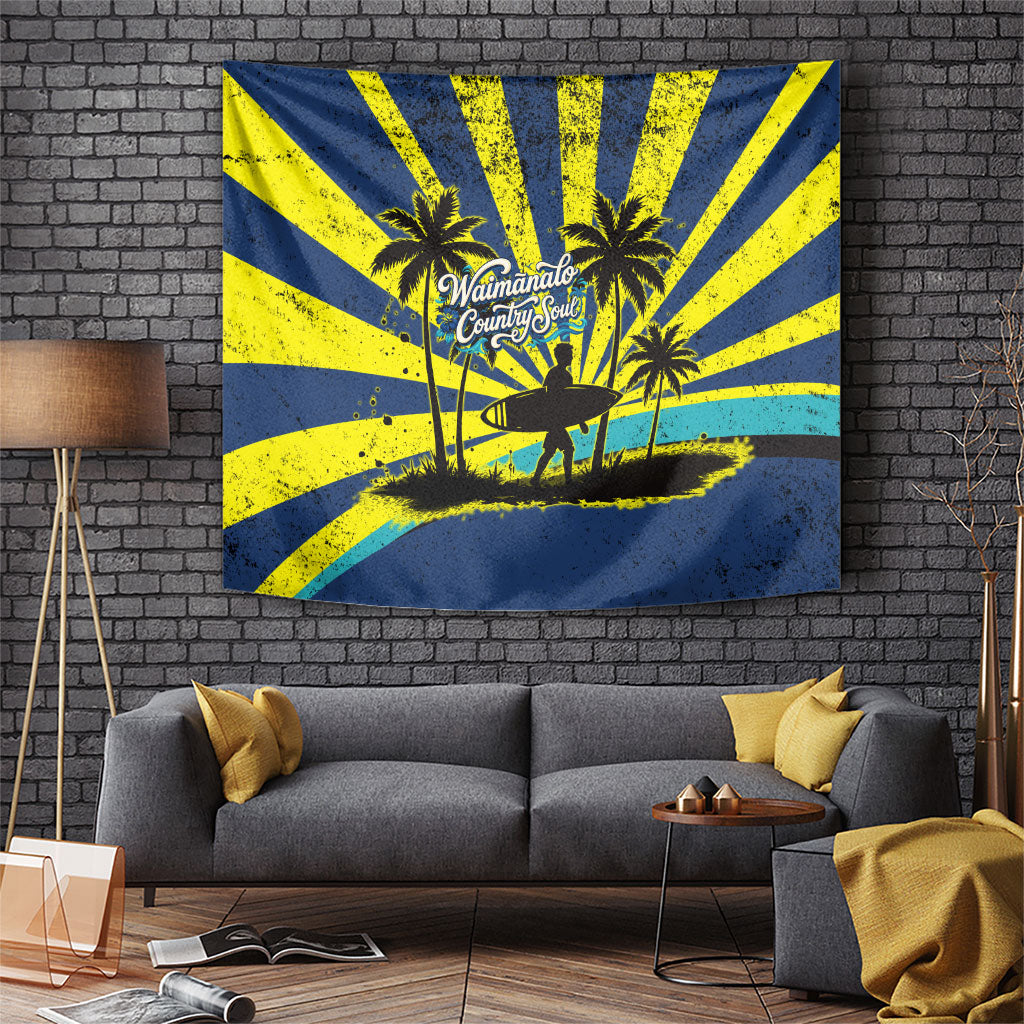 Waimanalo Oahu Hawaii Surfing Tapestry Tropical Beach Retro Sunburst Surfboard TS04 Yellow Blue - Polynesian Pride