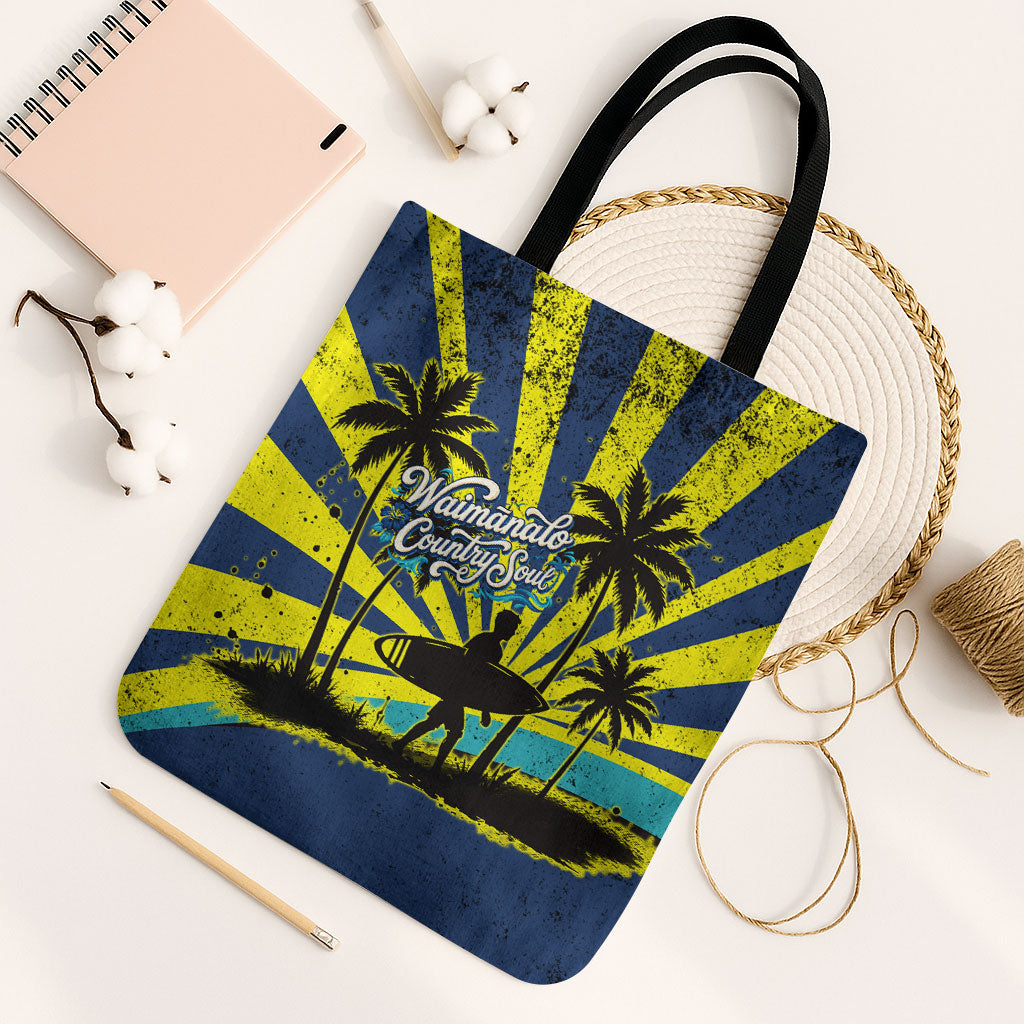 Waimanalo Oahu Hawaii Surfing Tote Bag Tropical Beach Retro Sunburst Surfboard TS04 Black Strap One Size Yellow Blue - Polynesian Pride