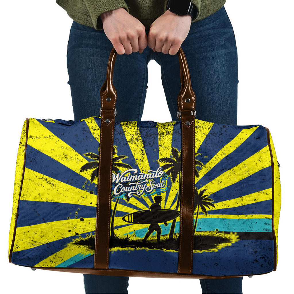 Waimanalo Oahu Hawaii Surfing Travel Bag Tropical Beach Retro Sunburst Surfboard TS04 Yellow Blue - Polynesian Pride