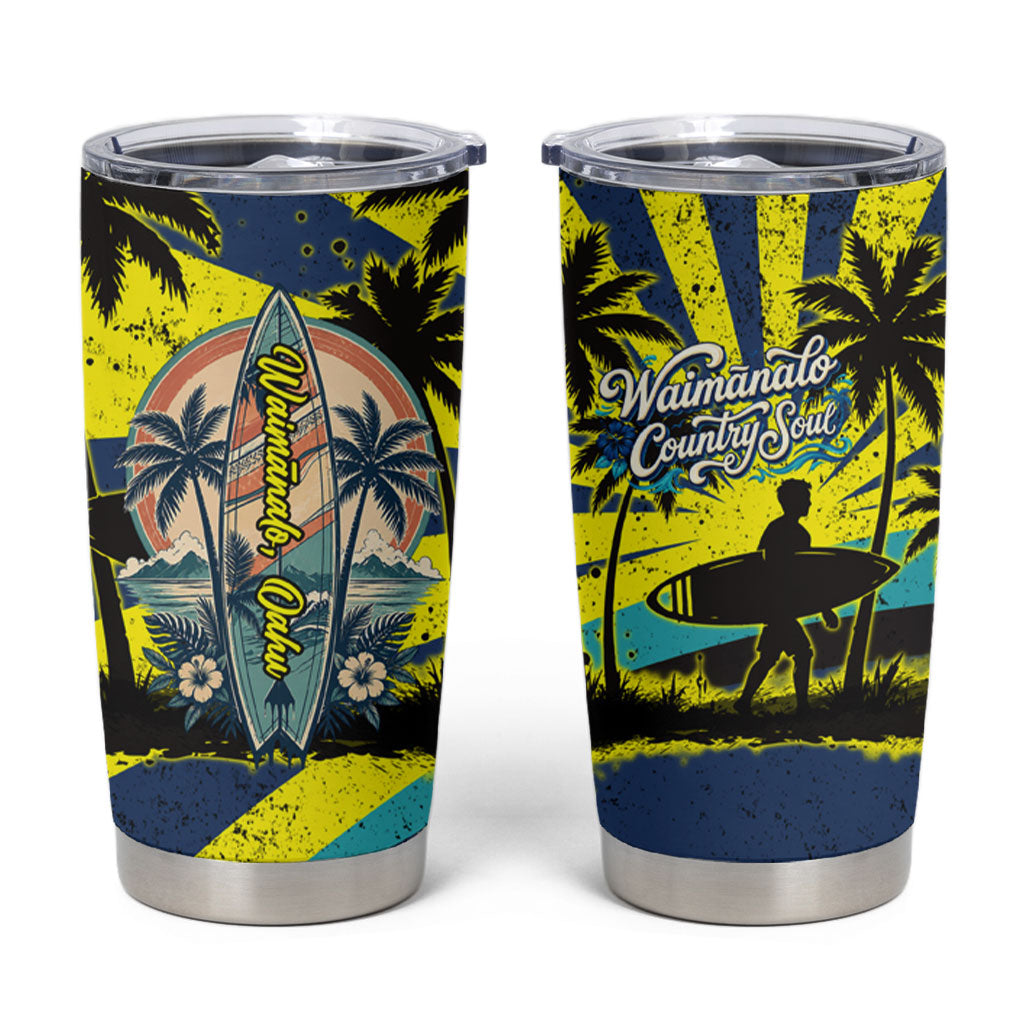 Waimanalo Oahu Hawaii Surfing Tumbler Cup Tropical Beach Retro Sunburst Surfboard TS04 Yellow Blue - Polynesian Pride