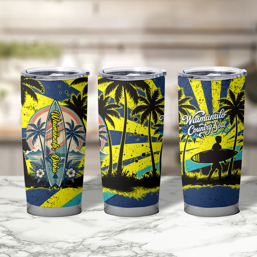 Waimanalo Oahu Hawaii Surfing Tumbler Cup Tropical Beach Retro Sunburst Surfboard TS04 - Polynesian Pride