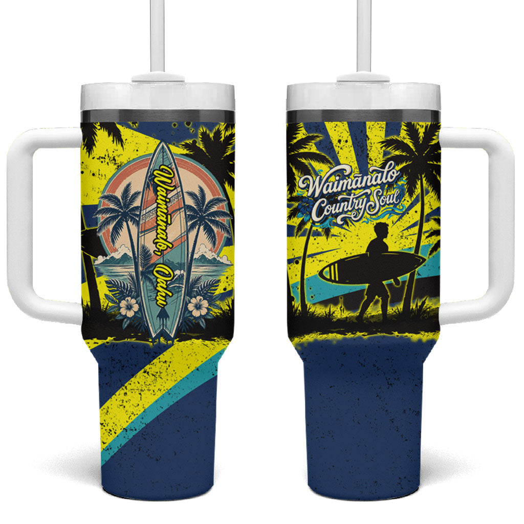 Waimanalo Oahu Hawaii Surfing Tumbler With Handle Tropical Beach Retro Sunburst Surfboard TS04 One Size: 40 oz Yellow Blue - Polynesian Pride