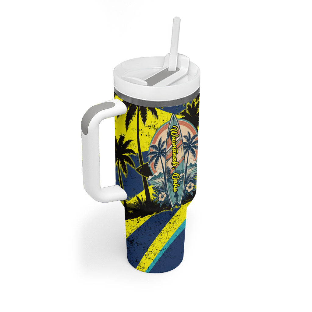 Waimanalo Oahu Hawaii Surfing Tumbler With Handle Tropical Beach Retro Sunburst Surfboard TS04 - Polynesian Pride