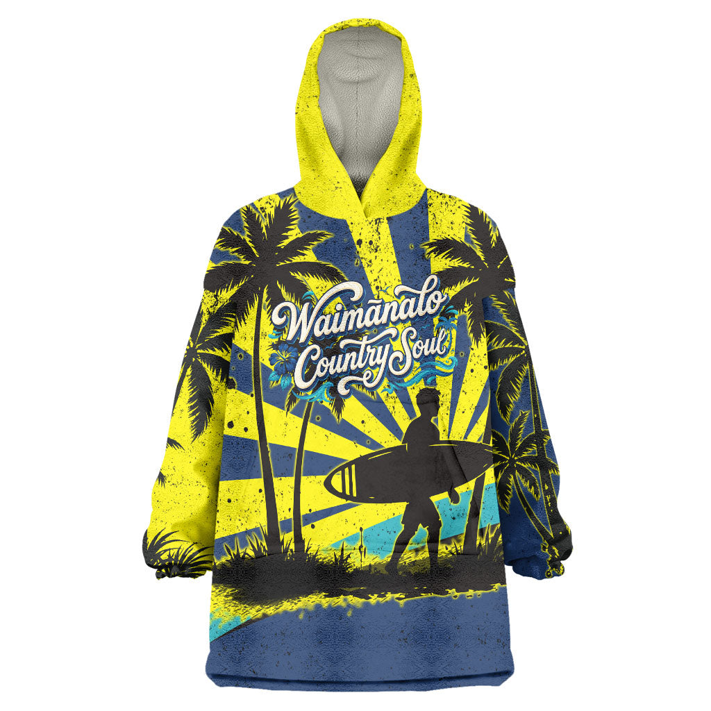 Waimanalo Oahu Hawaii Surfing Wearable Blanket Hoodie Tropical Beach Retro Sunburst Surfboard TS04 One Size Yellow Blue - Polynesian Pride