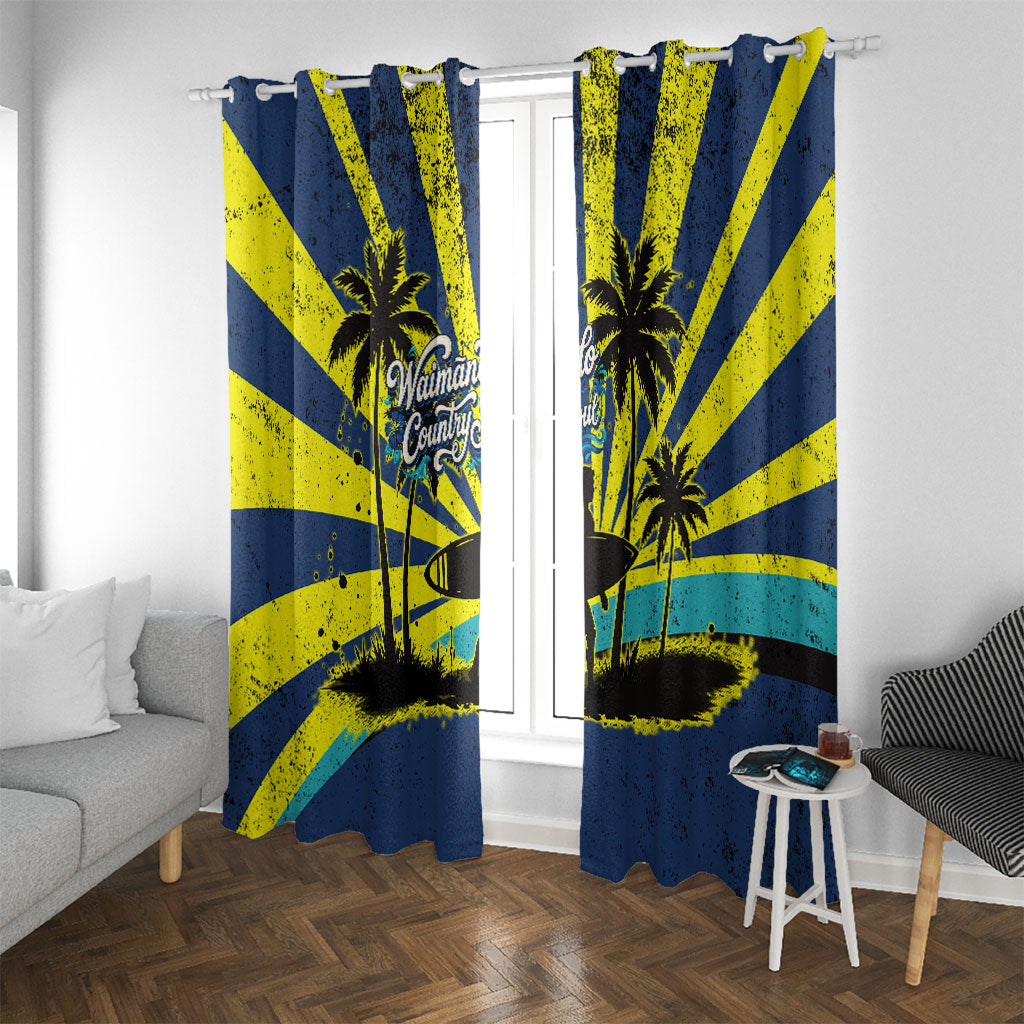 Waimanalo Oahu Hawaii Surfing Window Curtain Tropical Beach Retro Sunburst Surfboard TS04 With Grommets Yellow Blue - Polynesian Pride
