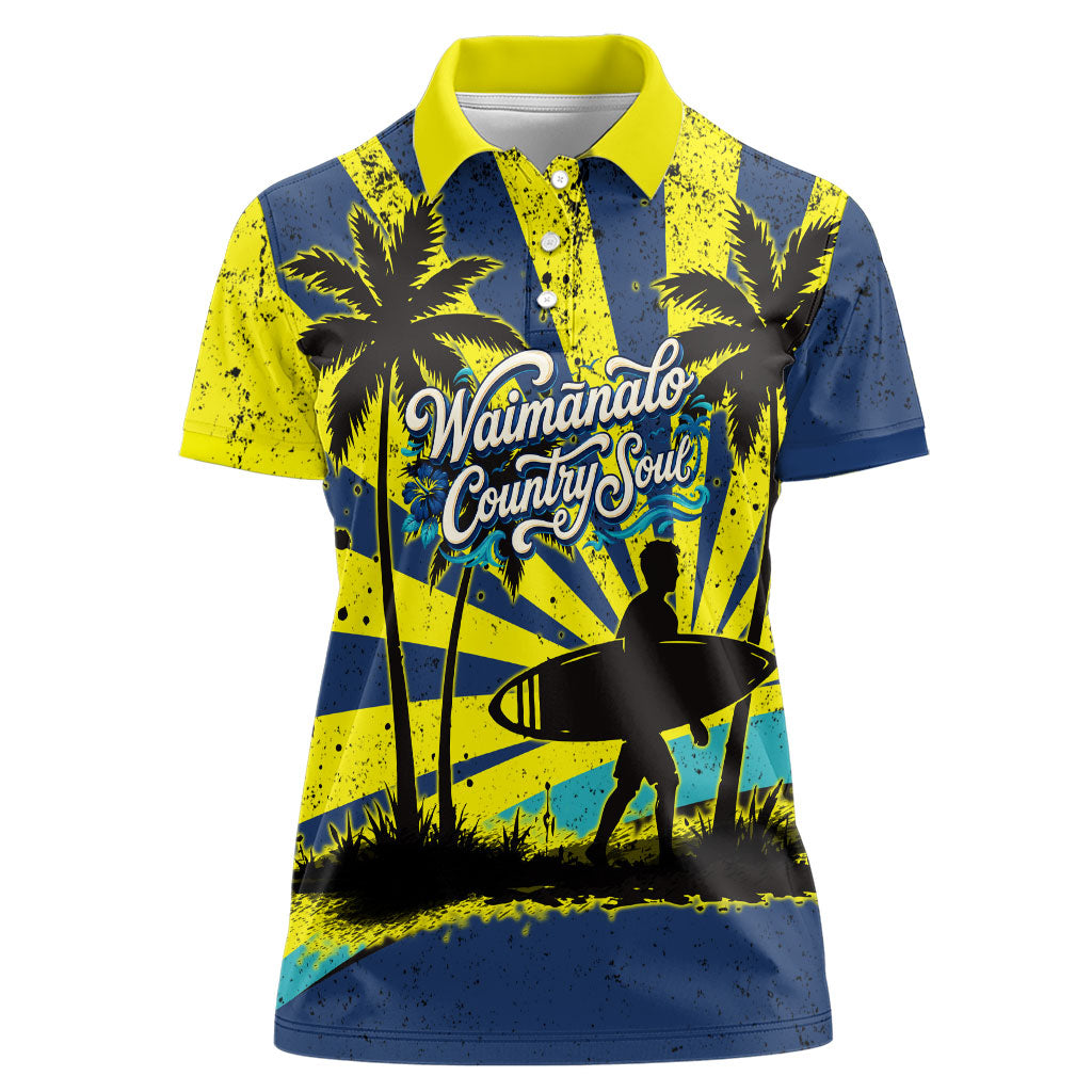 Waimanalo Oahu Hawaii Surfing Women Polo Shirt Tropical Beach Retro Sunburst Surfboard TS04 Female Yellow Blue - Polynesian Pride