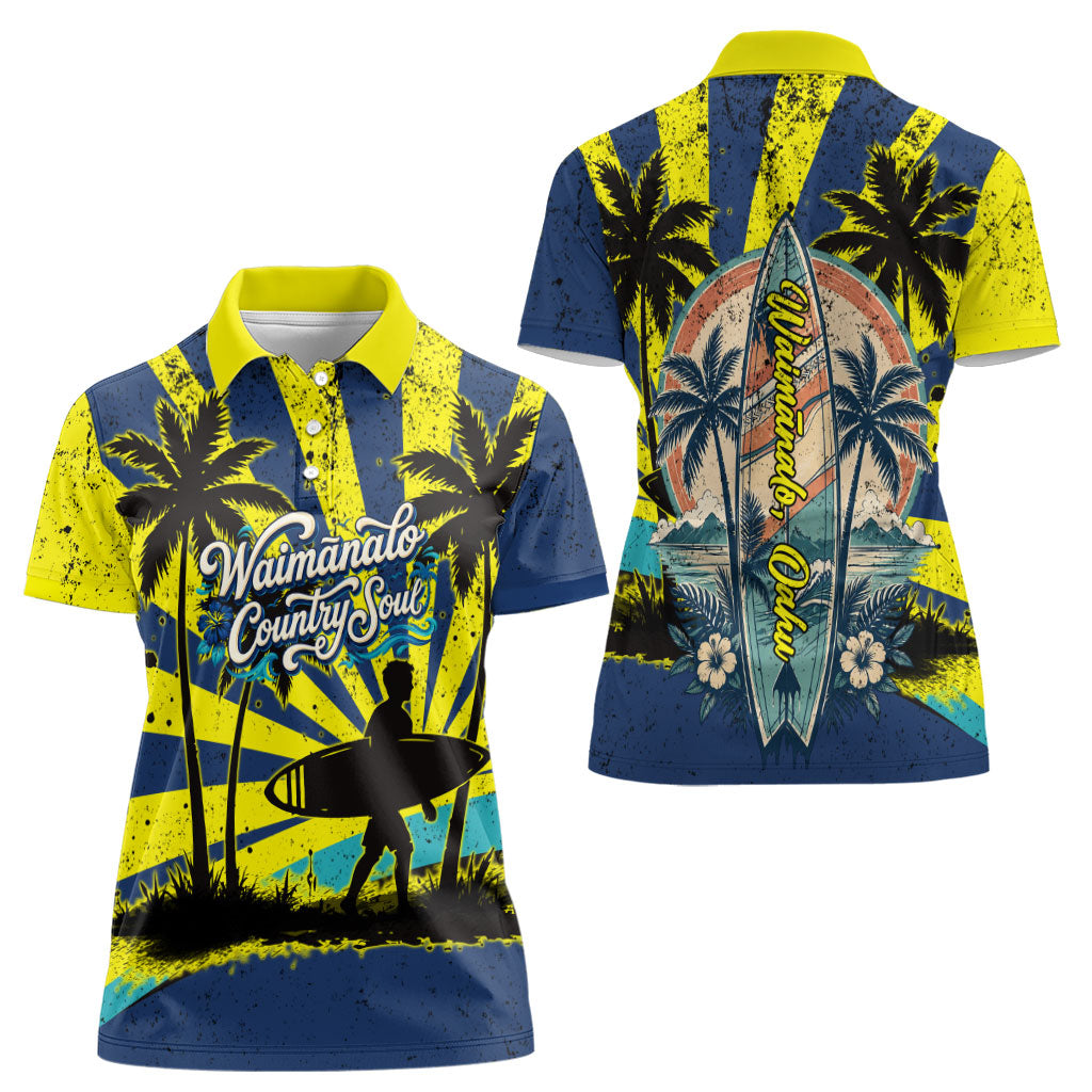 Waimanalo Oahu Hawaii Surfing Women Polo Shirt Tropical Beach Retro Sunburst Surfboard TS04 - Polynesian Pride