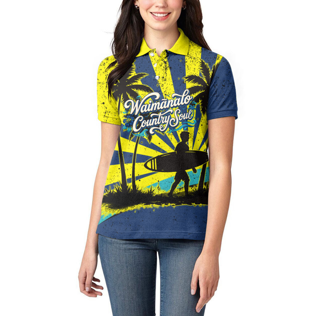 Waimanalo Oahu Hawaii Surfing Women Polo Shirt Tropical Beach Retro Sunburst Surfboard TS04 - Polynesian Pride