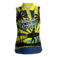 Waimanalo Oahu Hawaii Surfing Women Sleeveless Polo Shirt Tropical Beach Retro Sunburst Surfboard TS04 Female Yellow Blue - Polynesian Pride
