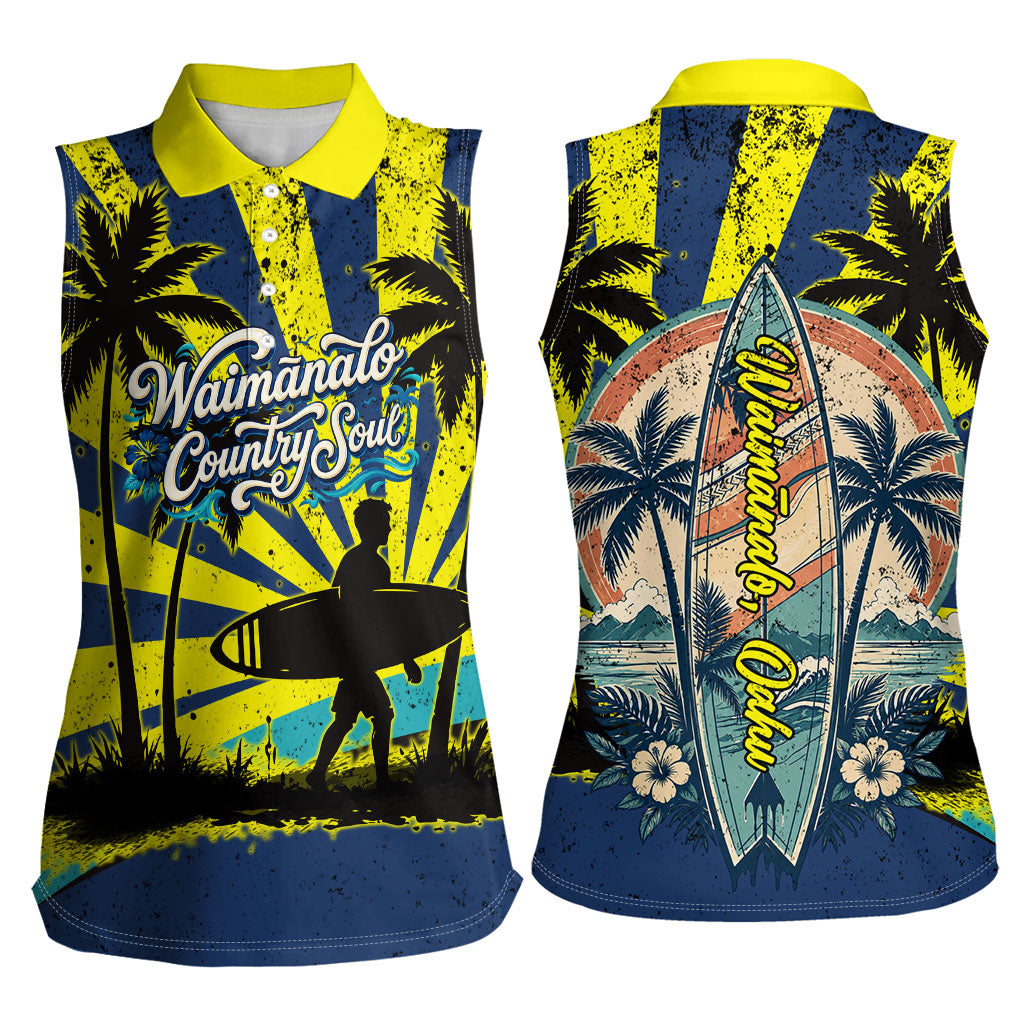 Waimanalo Oahu Hawaii Surfing Women Sleeveless Polo Shirt Tropical Beach Retro Sunburst Surfboard TS04 - Polynesian Pride