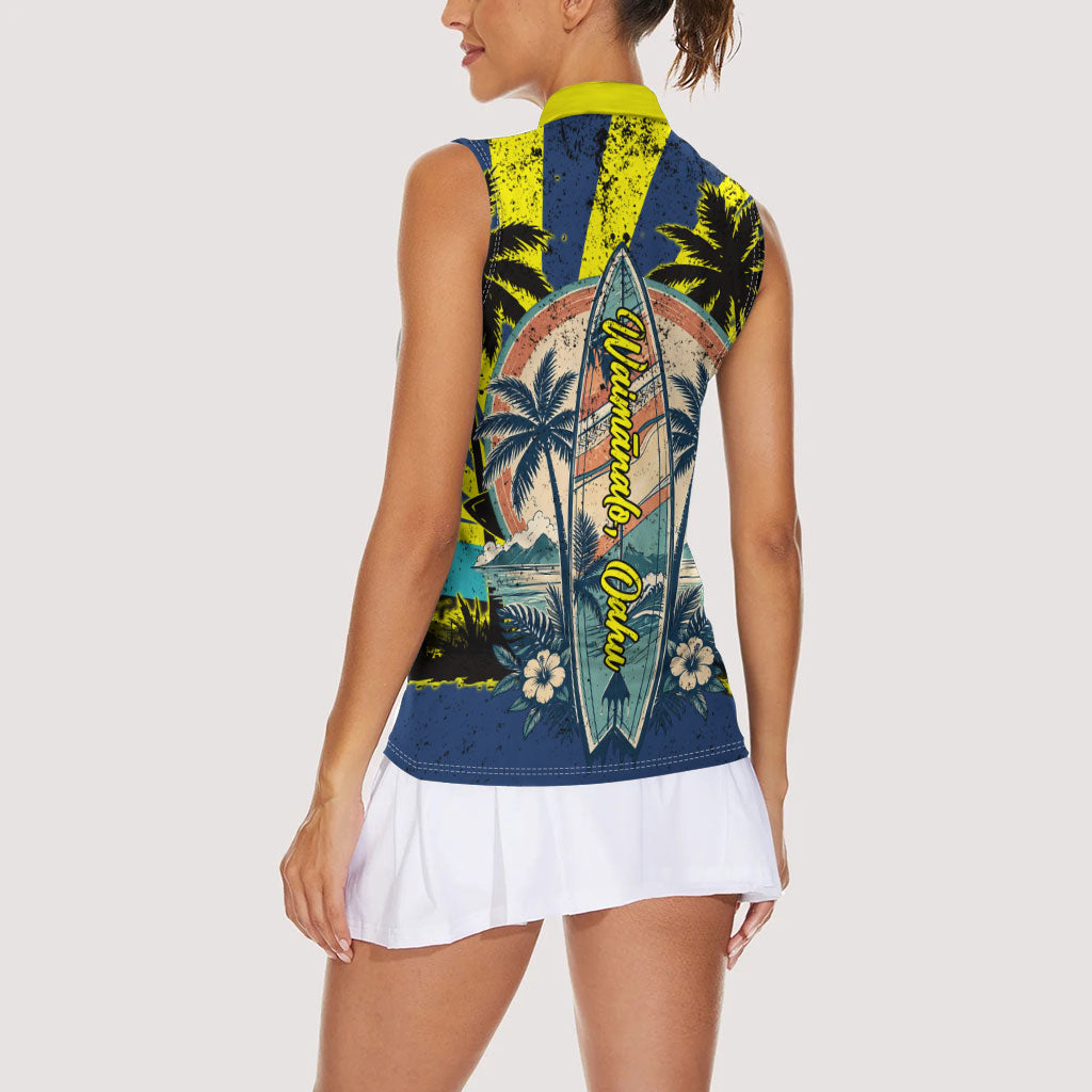 Waimanalo Oahu Hawaii Surfing Women Sleeveless Polo Shirt Tropical Beach Retro Sunburst Surfboard TS04 - Polynesian Pride