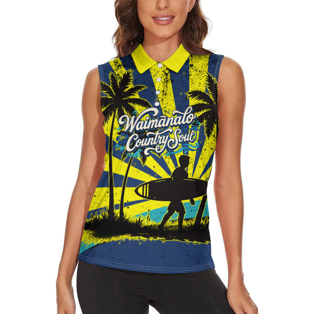 Waimanalo Oahu Hawaii Surfing Women Sleeveless Polo Shirt Tropical Beach Retro Sunburst Surfboard TS04 - Polynesian Pride