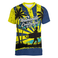 Waimanalo Oahu Hawaii Surfing Women V-Neck T-Shirt Tropical Beach Retro Sunburst Surfboard TS04 Female Yellow Blue - Polynesian Pride