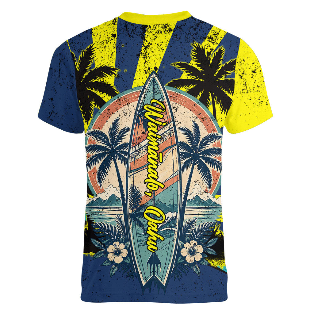Waimanalo Oahu Hawaii Surfing Women V-Neck T-Shirt Tropical Beach Retro Sunburst Surfboard TS04 - Polynesian Pride
