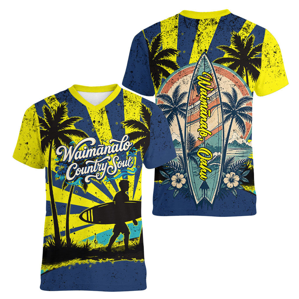 Waimanalo Oahu Hawaii Surfing Women V-Neck T-Shirt Tropical Beach Retro Sunburst Surfboard TS04 - Polynesian Pride
