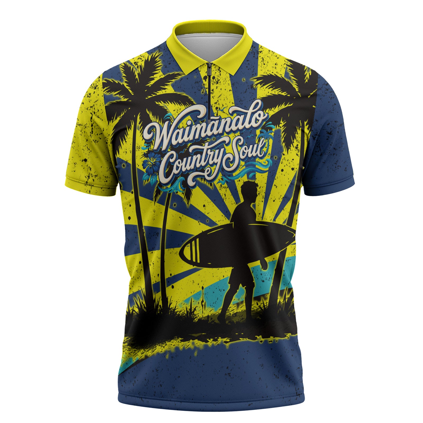 Waimanalo Oahu Hawaii Surfing Zipper Polo Shirt Tropical Beach Retro Sunburst Surfboard TS04 Yellow Blue - Polynesian Pride