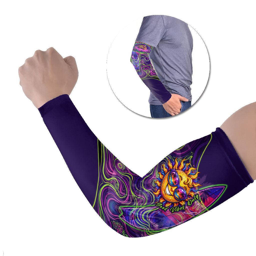 Waimanalo Hawaii Sun Rabbit Arm Sleeves Psychedelic Trippy Neon Swirl Graphic TS04 Set of 2 Purple Green - Polynesian Pride