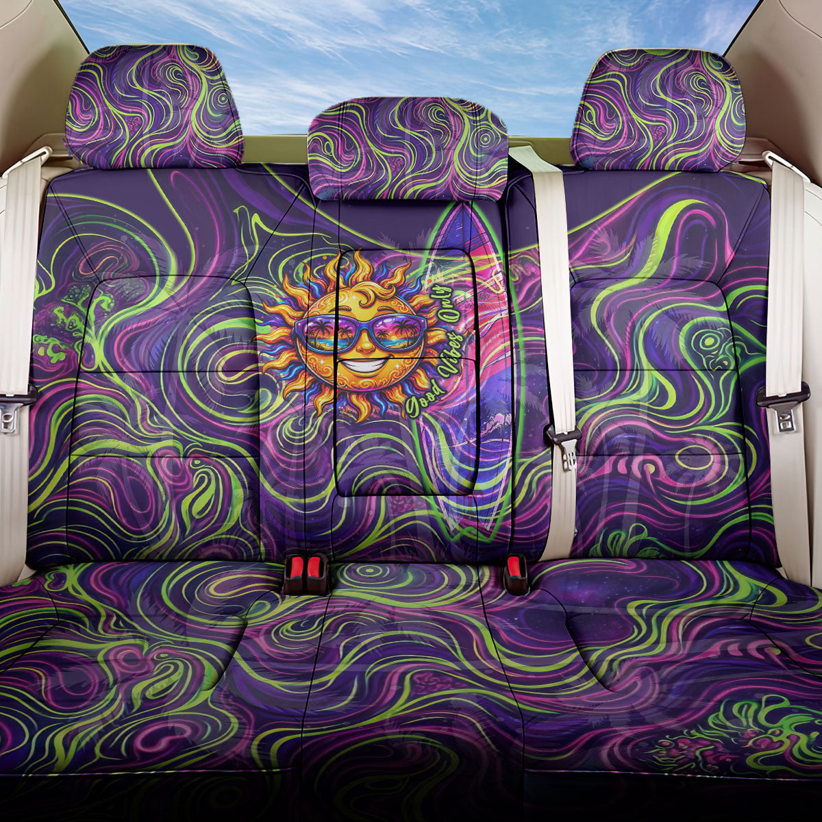 Waimanalo Hawaii Sun Rabbit Back Car Seat Cover Psychedelic Trippy Neon Swirl Graphic TS04 One Size Purple Green - Polynesian Pride