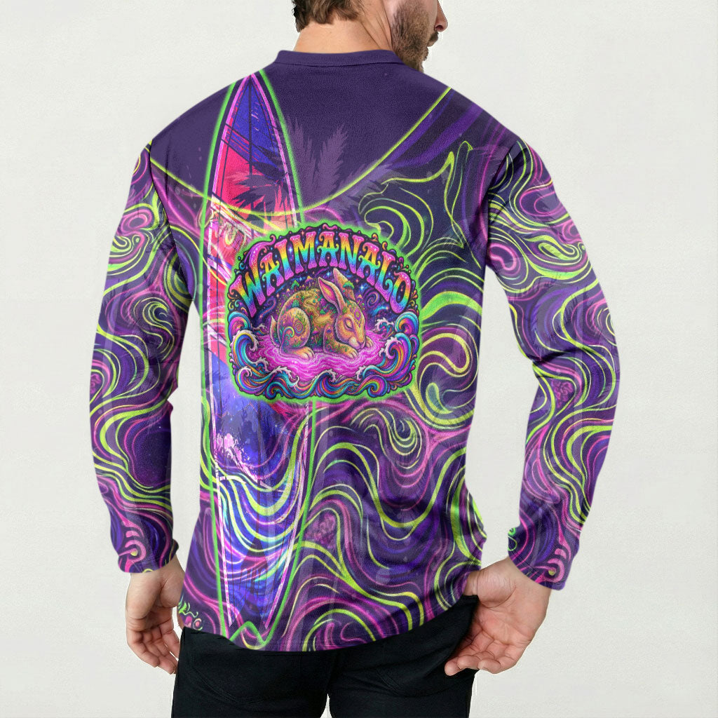 Waimanalo Hawaii Sun Rabbit Button Sweatshirt Psychedelic Trippy Neon Swirl Graphic TS04 - Polynesian Pride
