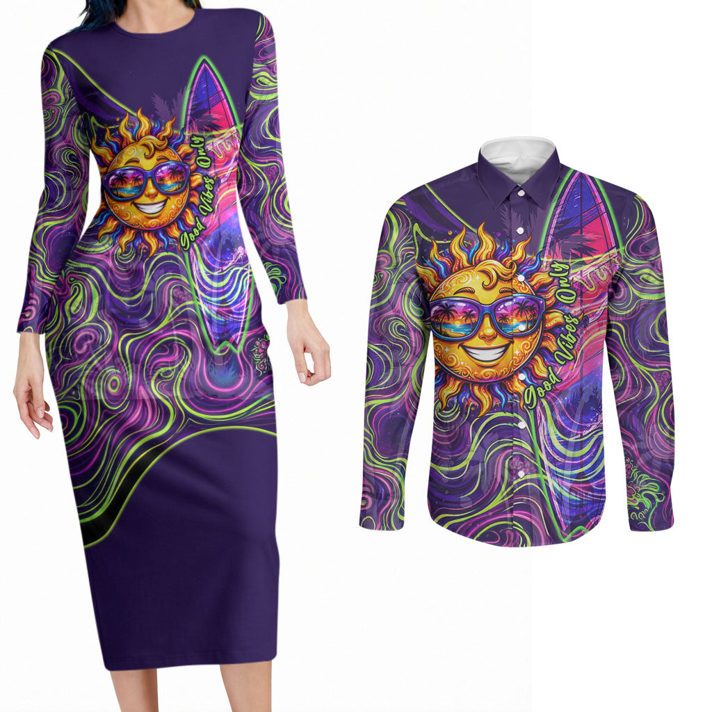 Waimanalo Hawaii Sun Rabbit Couples Matching Long Sleeve Bodycon Dress and Long Sleeve Button Shirt Psychedelic Trippy Neon Swirl Graphic TS04 Purple Green - Polynesian Pride