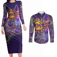 Waimanalo Hawaii Sun Rabbit Couples Matching Long Sleeve Bodycon Dress and Long Sleeve Button Shirt Psychedelic Trippy Neon Swirl Graphic TS04 Purple Green - Polynesian Pride