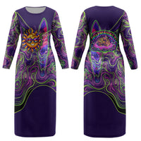 Waimanalo Hawaii Sun Rabbit Couples Matching Long Sleeve Bodycon Dress and Long Sleeve Button Shirt Psychedelic Trippy Neon Swirl Graphic TS04 - Polynesian Pride