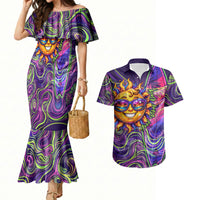 Waimanalo Hawaii Sun Rabbit Couples Matching Mermaid Dress and Hawaiian Shirt Psychedelic Trippy Neon Swirl Graphic TS04 Purple Green - Polynesian Pride