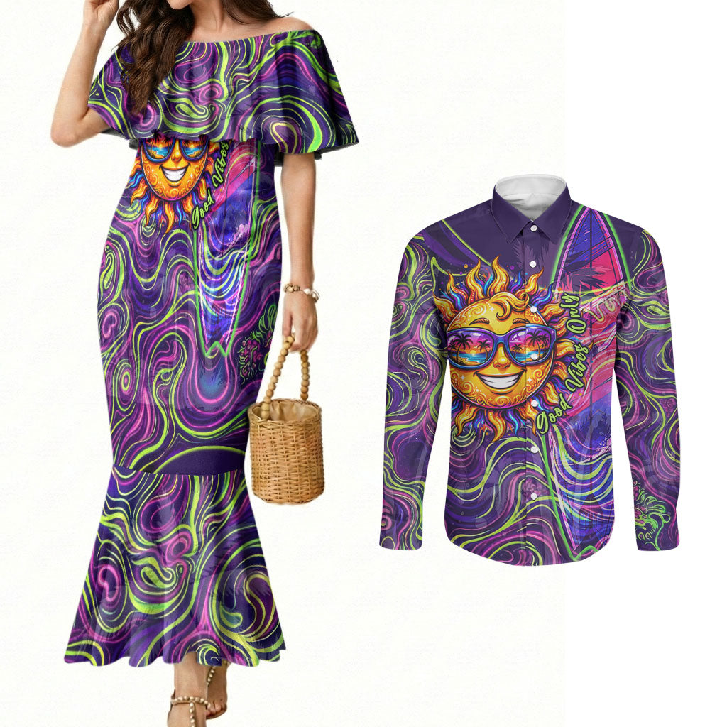 Waimanalo Hawaii Sun Rabbit Couples Matching Mermaid Dress and Long Sleeve Button Shirt Psychedelic Trippy Neon Swirl Graphic TS04 Purple Green - Polynesian Pride