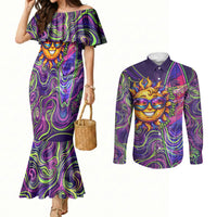 Waimanalo Hawaii Sun Rabbit Couples Matching Mermaid Dress and Long Sleeve Button Shirt Psychedelic Trippy Neon Swirl Graphic TS04 Purple Green - Polynesian Pride