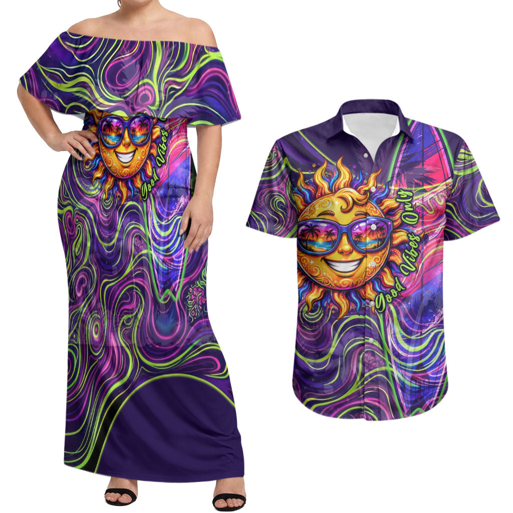 Waimanalo Hawaii Sun Rabbit Couples Matching Off Shoulder Maxi Dress and Hawaiian Shirt Psychedelic Trippy Neon Swirl Graphic TS04 Purple Green - Polynesian Pride