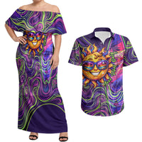 Waimanalo Hawaii Sun Rabbit Couples Matching Off Shoulder Maxi Dress and Hawaiian Shirt Psychedelic Trippy Neon Swirl Graphic TS04 Purple Green - Polynesian Pride