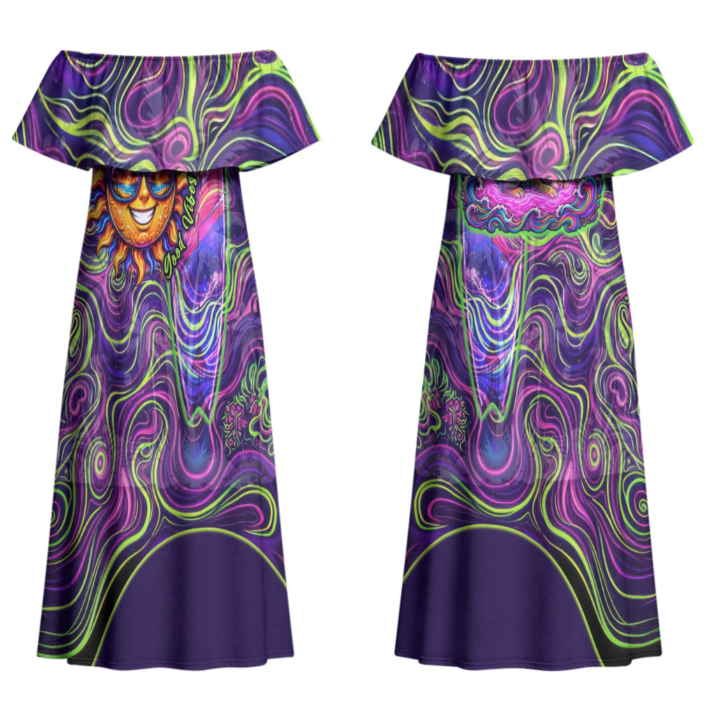 Waimanalo Hawaii Sun Rabbit Couples Matching Off Shoulder Maxi Dress and Hawaiian Shirt Psychedelic Trippy Neon Swirl Graphic TS04 - Polynesian Pride