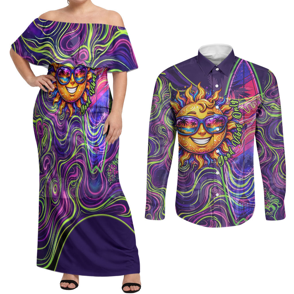 Waimanalo Hawaii Sun Rabbit Couples Matching Off Shoulder Maxi Dress and Long Sleeve Button Shirt Psychedelic Trippy Neon Swirl Graphic TS04 Purple Green - Polynesian Pride