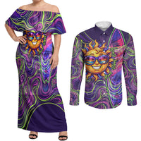Waimanalo Hawaii Sun Rabbit Couples Matching Off Shoulder Maxi Dress and Long Sleeve Button Shirt Psychedelic Trippy Neon Swirl Graphic TS04 Purple Green - Polynesian Pride