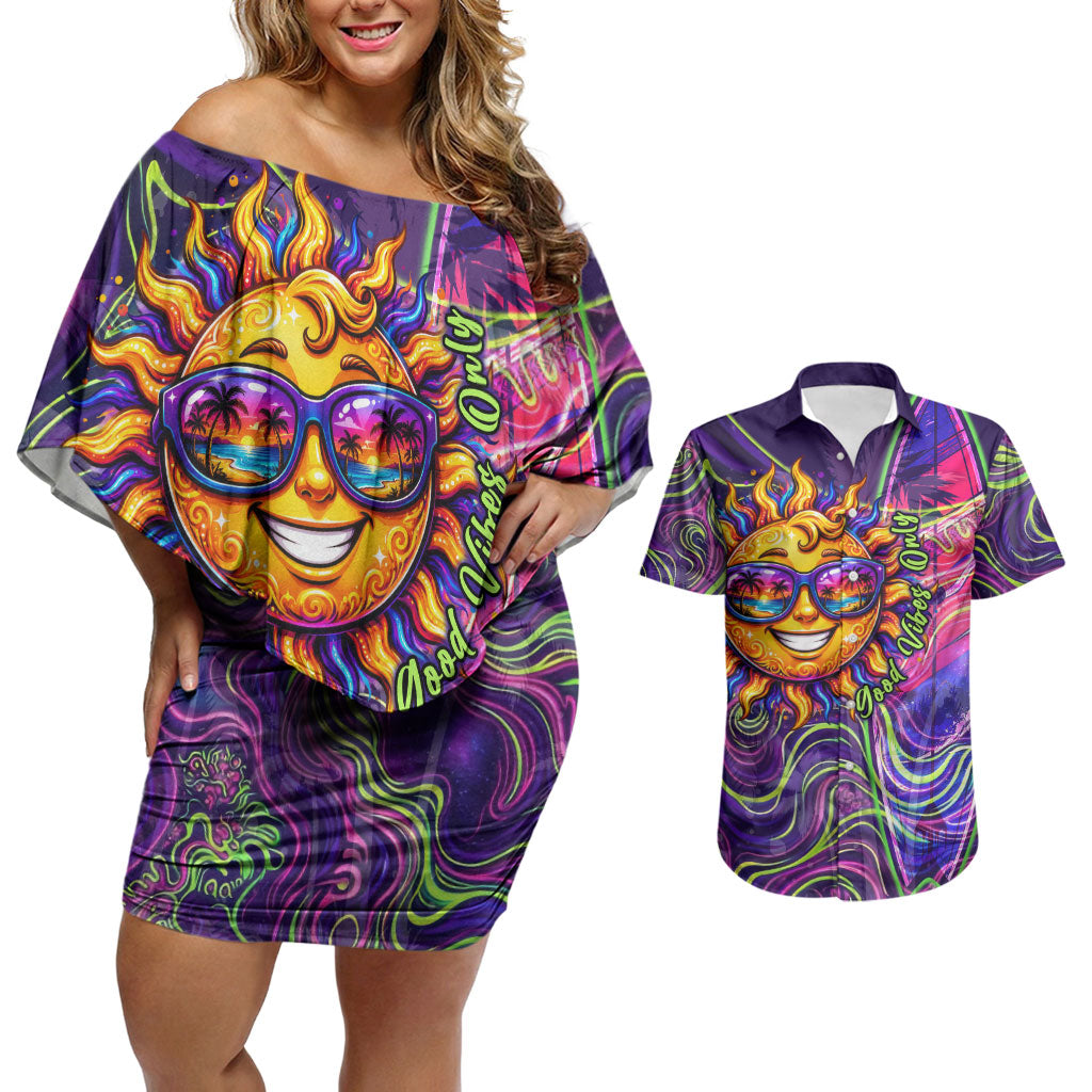 Waimanalo Hawaii Sun Rabbit Couples Matching Off Shoulder Short Dress and Hawaiian Shirt Psychedelic Trippy Neon Swirl Graphic TS04 Purple Green - Polynesian Pride