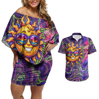 Waimanalo Hawaii Sun Rabbit Couples Matching Off Shoulder Short Dress and Hawaiian Shirt Psychedelic Trippy Neon Swirl Graphic TS04 Purple Green - Polynesian Pride