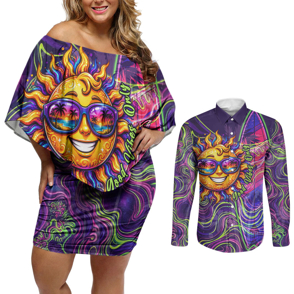 Waimanalo Hawaii Sun Rabbit Couples Matching Off Shoulder Short Dress and Long Sleeve Button Shirt Psychedelic Trippy Neon Swirl Graphic TS04 Purple Green - Polynesian Pride
