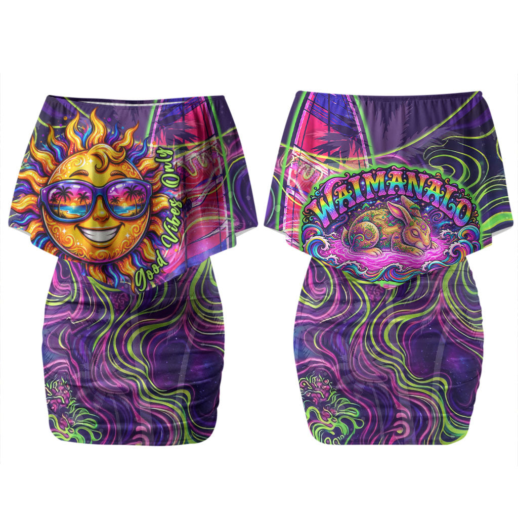 Waimanalo Hawaii Sun Rabbit Couples Matching Off Shoulder Short Dress and Long Sleeve Button Shirt Psychedelic Trippy Neon Swirl Graphic TS04 - Polynesian Pride