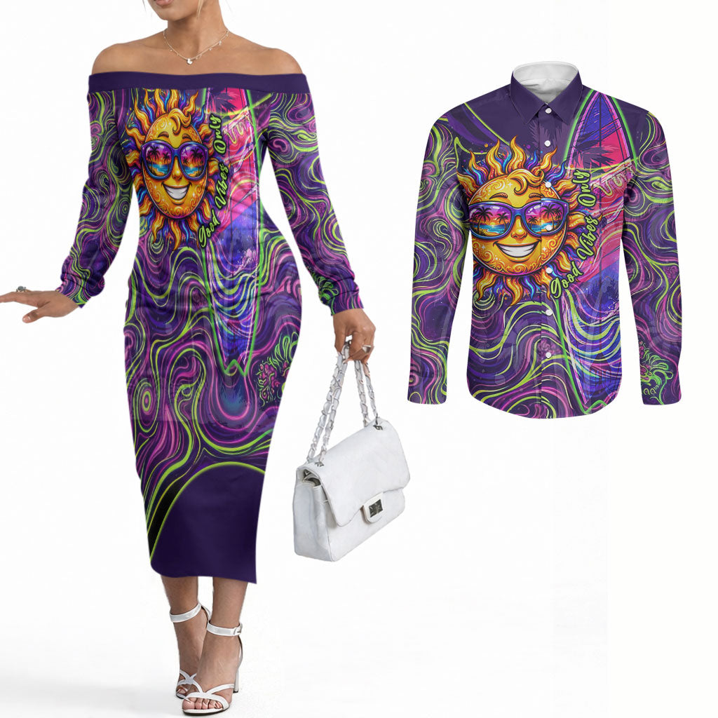 Waimanalo Hawaii Sun Rabbit Couples Matching Off The Shoulder Long Sleeve Dress and Long Sleeve Button Shirt Psychedelic Trippy Neon Swirl Graphic TS04 Purple Green - Polynesian Pride