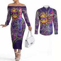 Waimanalo Hawaii Sun Rabbit Couples Matching Off The Shoulder Long Sleeve Dress and Long Sleeve Button Shirt Psychedelic Trippy Neon Swirl Graphic TS04 Purple Green - Polynesian Pride