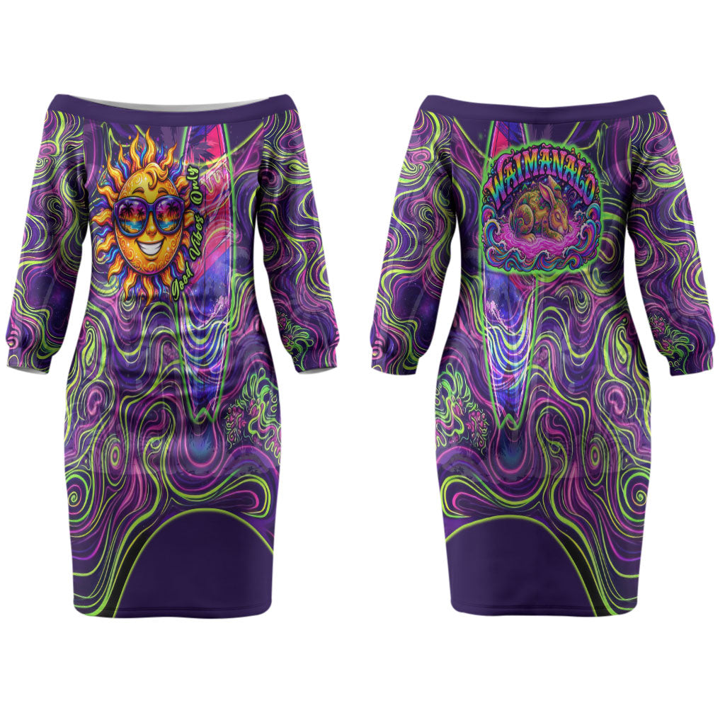 Waimanalo Hawaii Sun Rabbit Couples Matching Off The Shoulder Long Sleeve Dress and Long Sleeve Button Shirt Psychedelic Trippy Neon Swirl Graphic TS04 - Polynesian Pride