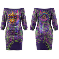 Waimanalo Hawaii Sun Rabbit Couples Matching Off The Shoulder Long Sleeve Dress and Long Sleeve Button Shirt Psychedelic Trippy Neon Swirl Graphic TS04 - Polynesian Pride