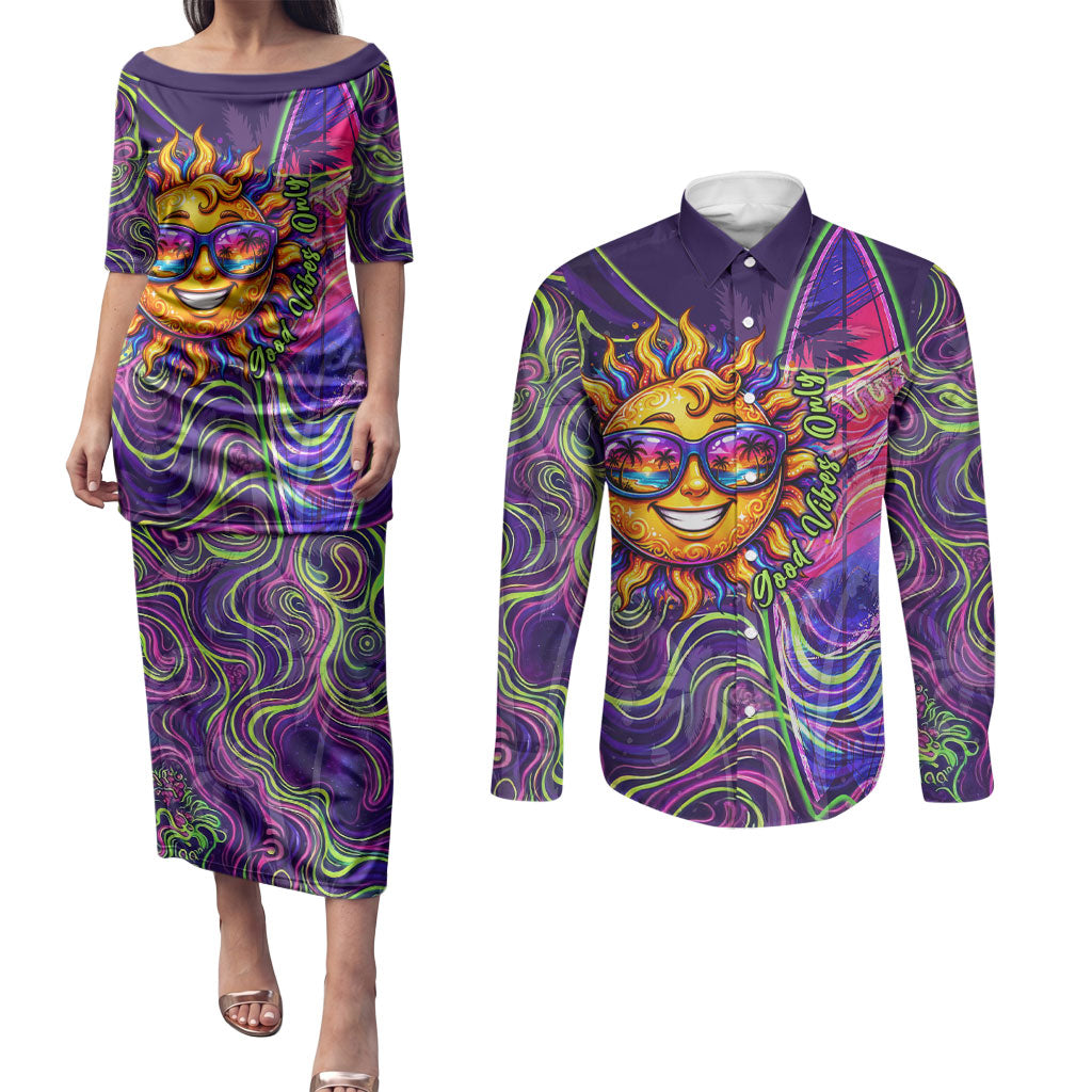 Waimanalo Hawaii Sun Rabbit Couples Matching Puletasi and Long Sleeve Button Shirt Psychedelic Trippy Neon Swirl Graphic TS04 Purple Green - Polynesian Pride