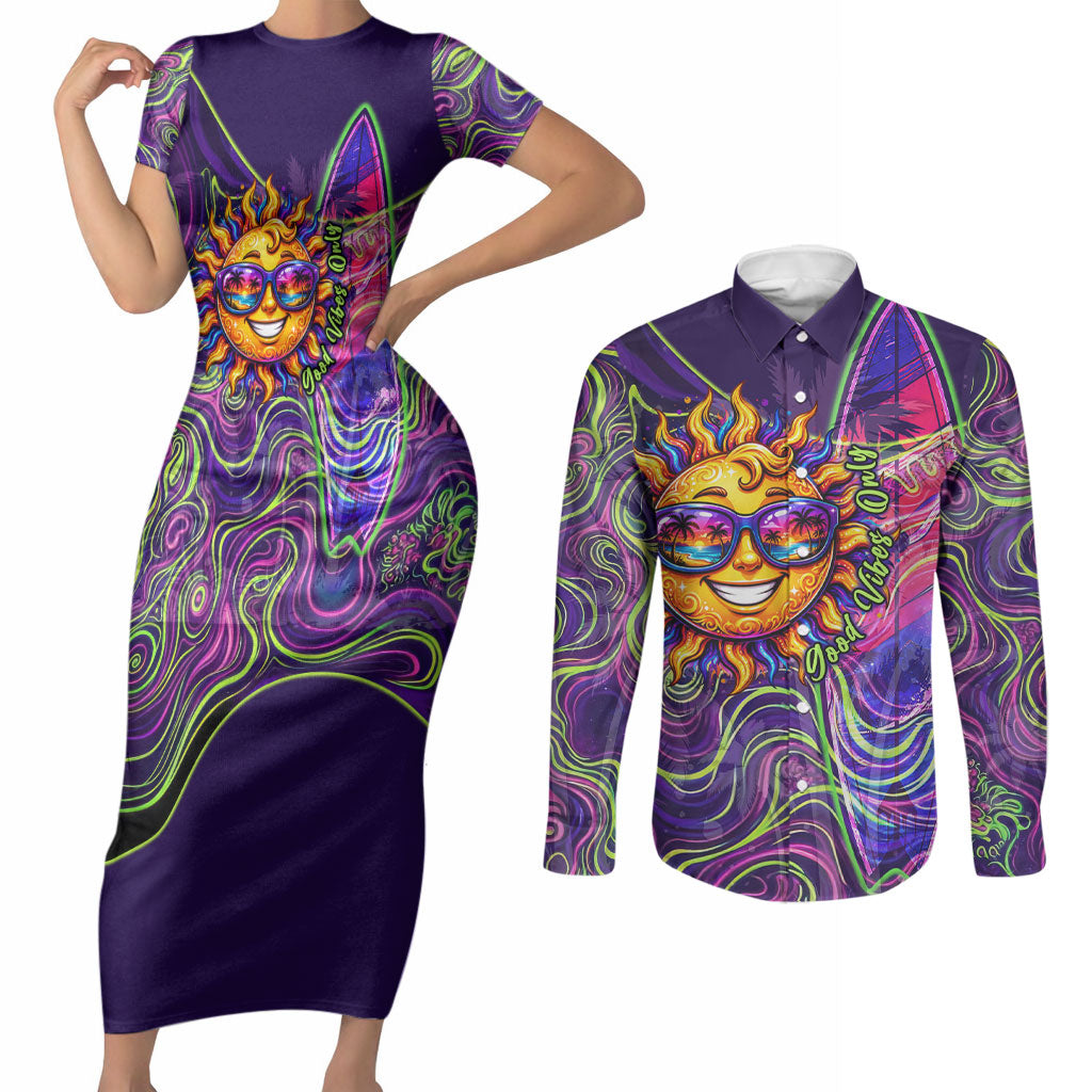 Waimanalo Hawaii Sun Rabbit Couples Matching Short Sleeve Bodycon Dress and Long Sleeve Button Shirt Psychedelic Trippy Neon Swirl Graphic TS04 Purple Green - Polynesian Pride